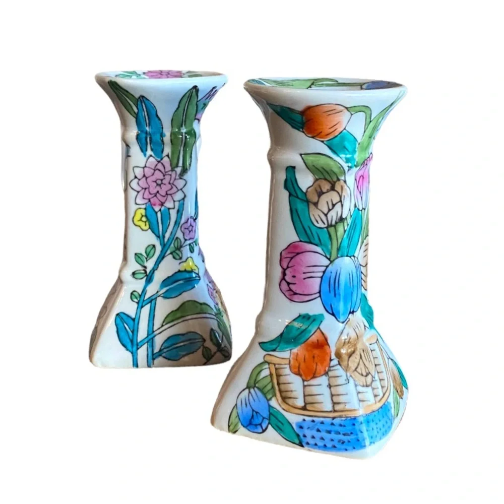 Vintage Chinoiserie & Floral Style Taper Candlestick Holders - set of 2